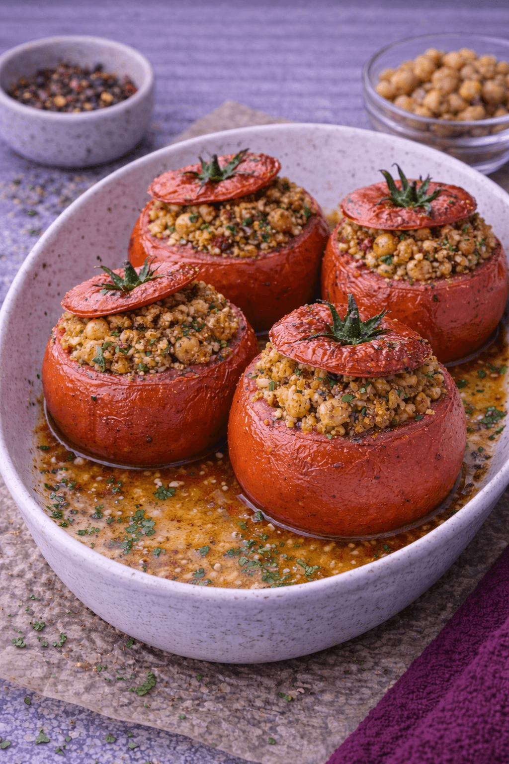 7 Spice Chickpea & Bulgur Stuffed Tomatoes