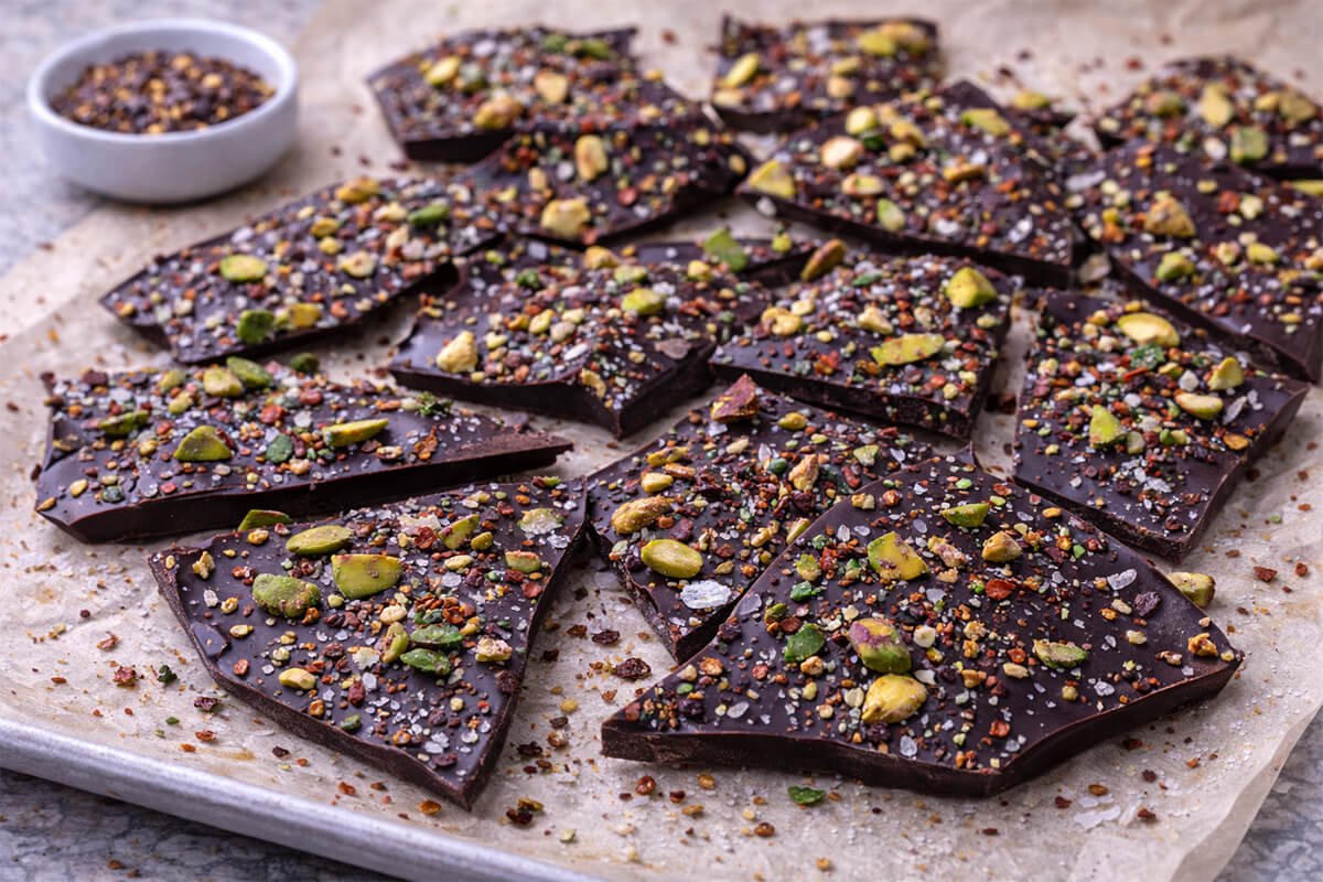 Aleppo Pepper Chocolate Bark with Pistachios
