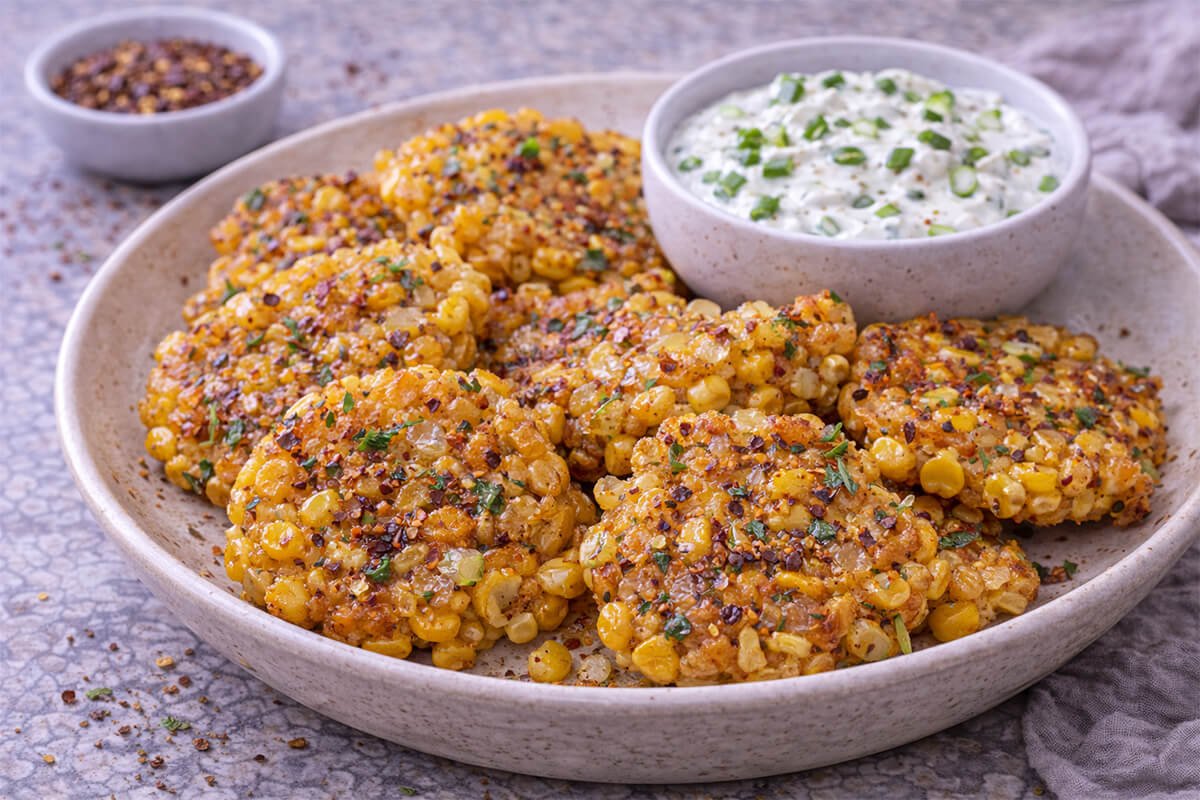 Aleppo Pepper Corn Fritters with Scallion Dipping Sauce