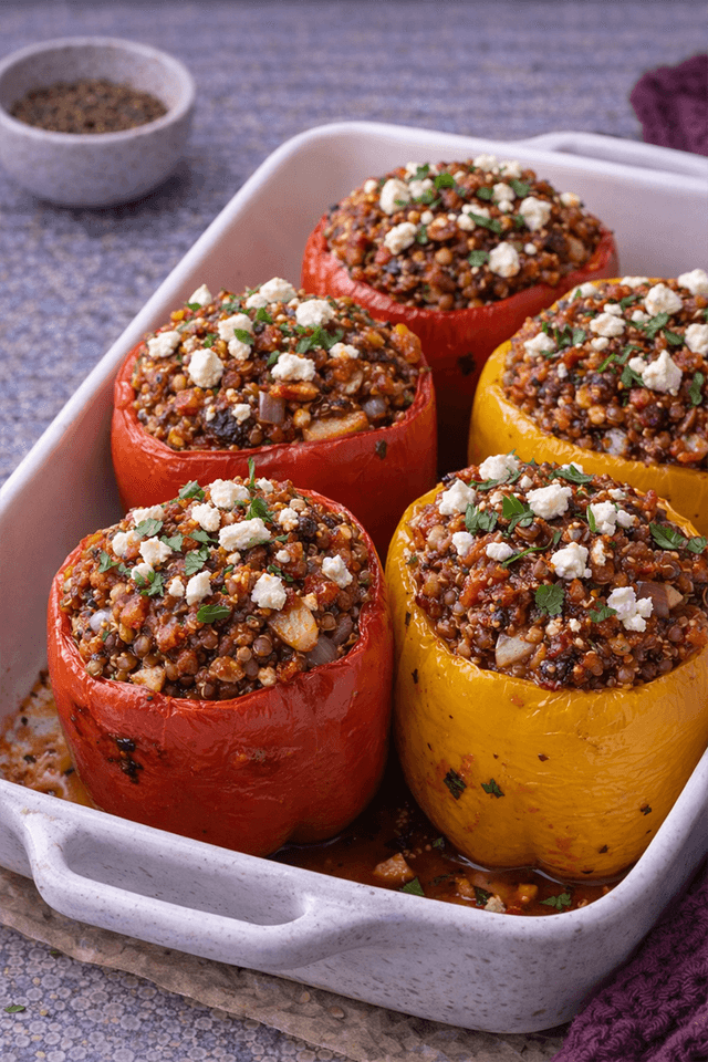 Harissa Lentil & Quinoa Stuffed Peppers