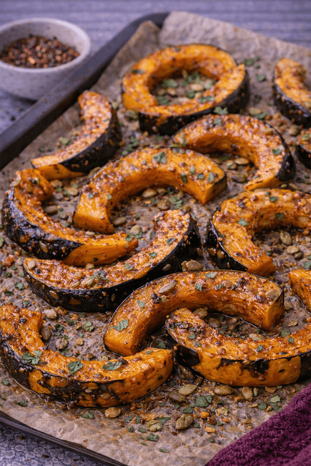 Harissa-Maple Roasted Acorn Squash