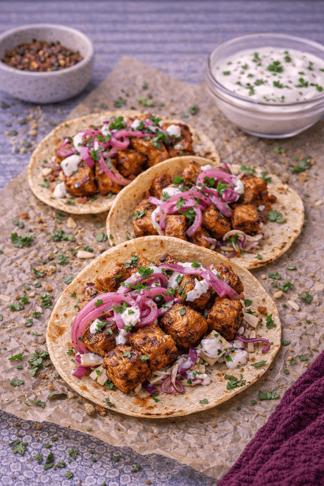 Harissa Tofu and Pickled Onion Tacos