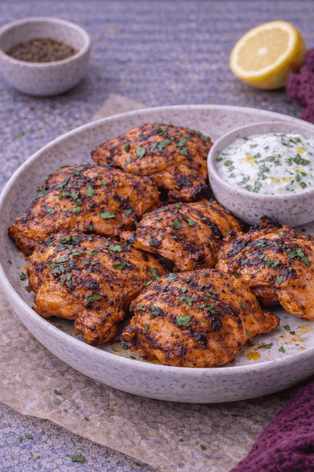 Harissa Yogurt Marinated Grilled Chicken Thighs