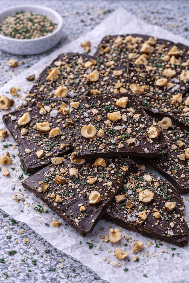 Jordanian Thyme Chocolate Bark with Hazelnuts