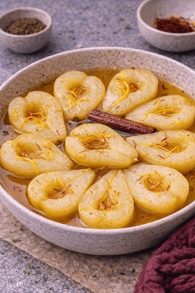 Loomi Poached Pears with Saffron Syrup