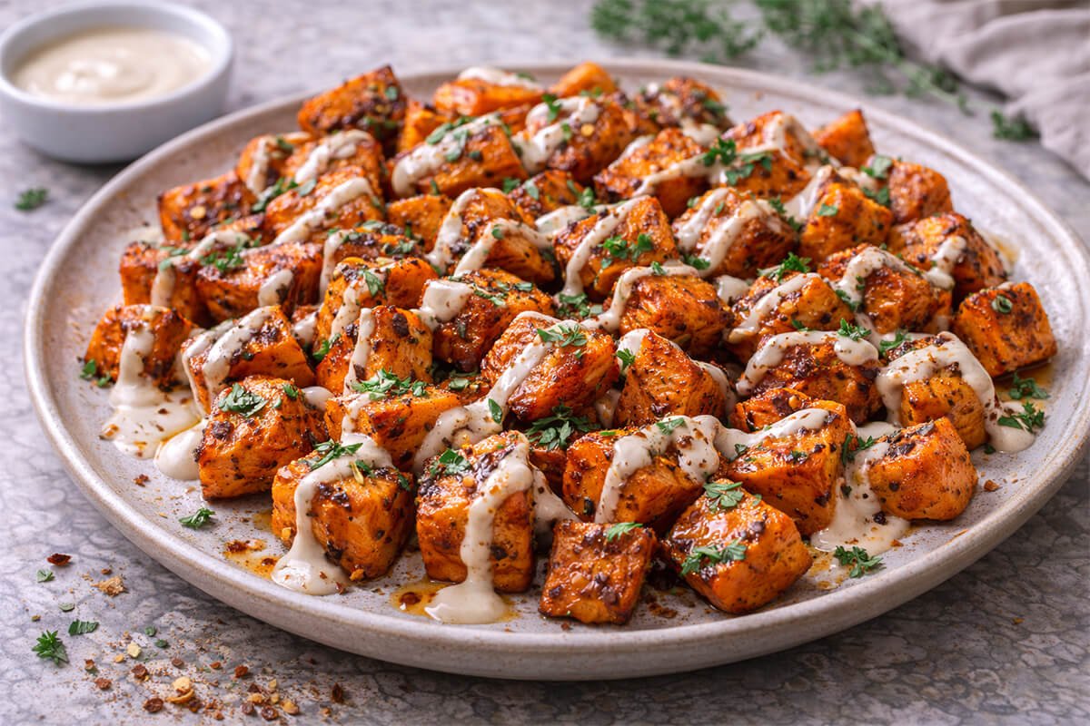 Aleppo Pepper Roasted Sweet Potatoes with Tahini Drizzle
