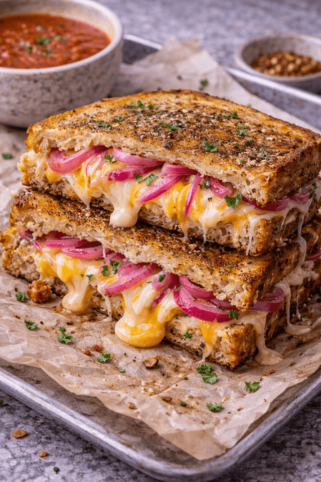 Shawarma-Spiced Grilled Cheese with Pickled Onions
