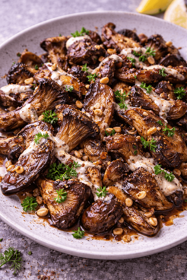 Aleppo Pepper Roasted Mushrooms with Pomegranate Molasses & Tahini
