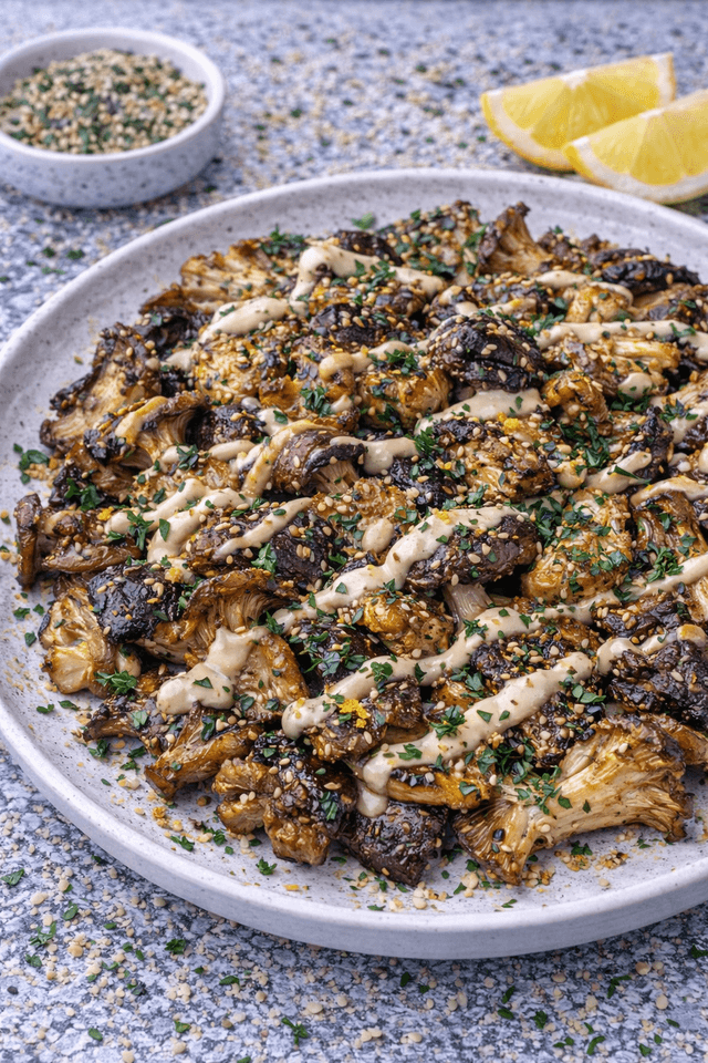 Jordanian Thyme & Lemon Roasted Mushrooms with Tahini Drizzle
