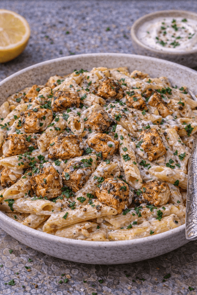 Shawarma Chicken Pasta with Yogurt Sauce