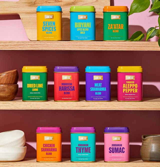 Complete LAMEISE spice collection featuring 10 colorful Middle Eastern spices and blends in premium tins.