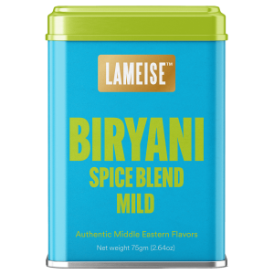 Biryani spice mild blend tin front view 75g – LAMEISE