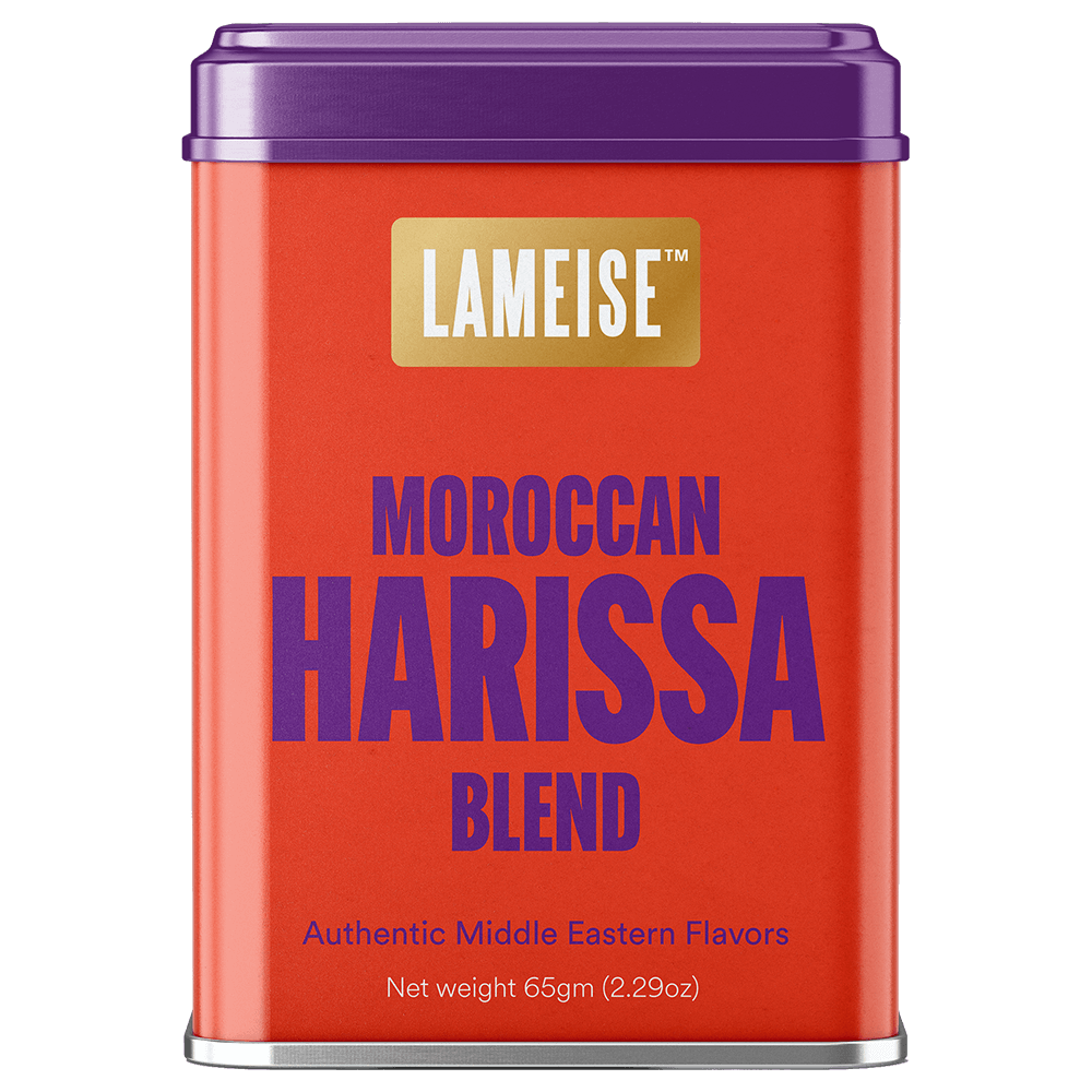 moroccan-harissa-spice-tin-front Moroccan harissa spice blend tin front view 75g – LAMEISE