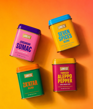 The Essentials Collection featuring Jordanian Sumac, Za'atar Blend, Turkish Aleppo Pepper, and Jordanian Thyme by LAMEISE